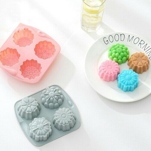 x4 Flowers Silicone Mould Cake Bakeware Melts Ice Cube Chocolate Candle Jelly